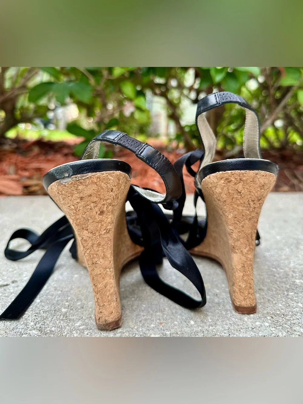 Vintage Martinez Valero Black Satin Ribbon Cork Wedge Sandals Women's 10